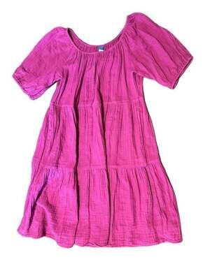 Old Navy Magenta Puff-Sleeve Tiered Mini Swing Dress with Pockets Size M